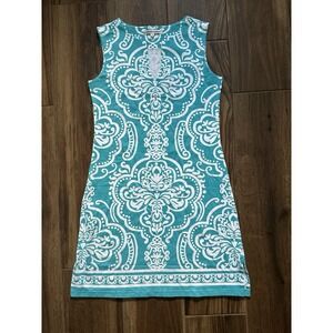 BARBARA GERWIT ENGINEERED KNIT DRESS SLEEVELESS SLIT NECK TEAL SZ MED BEACH
